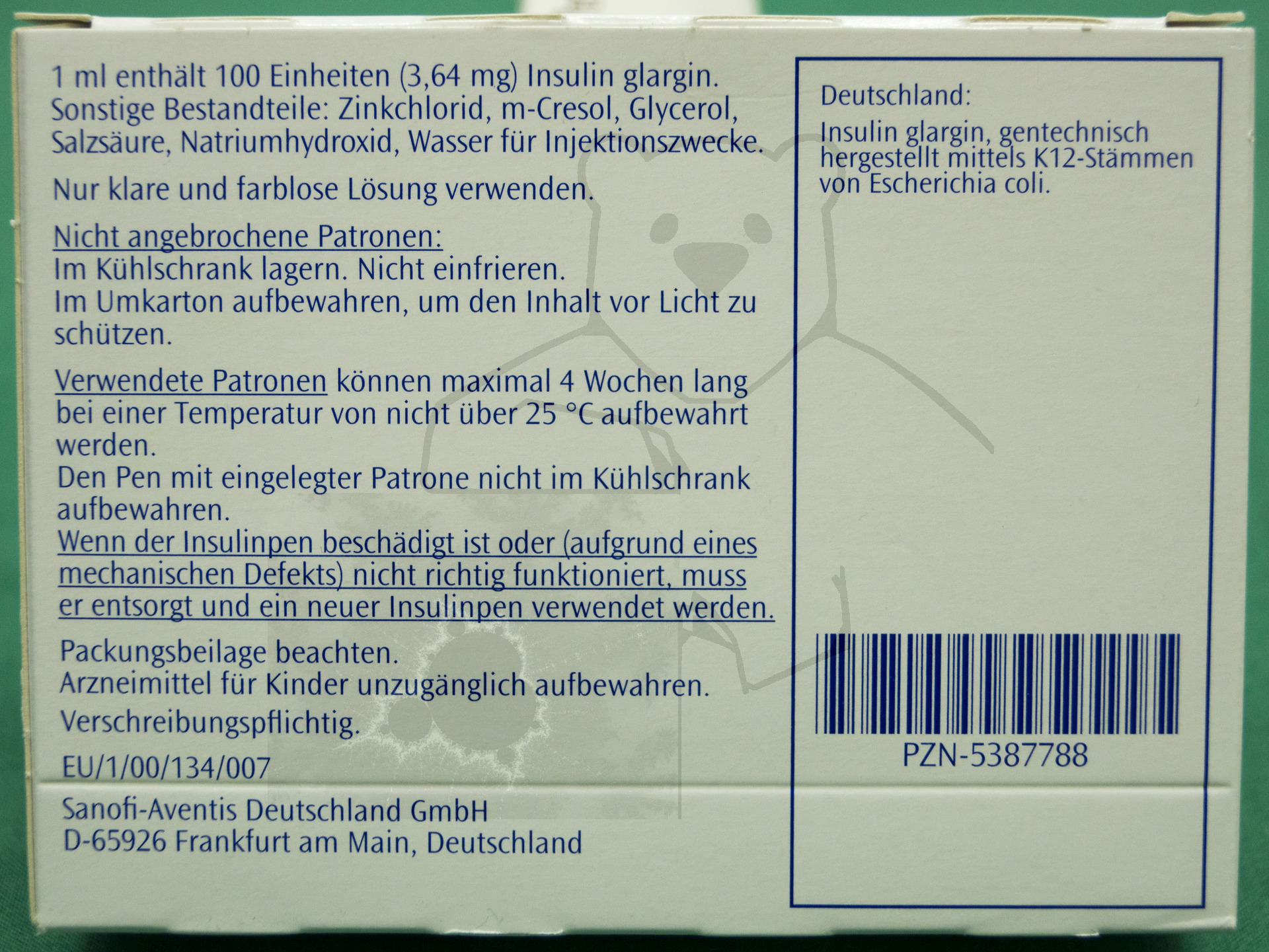 Insulin Patrone 'Lantus', Verpackung Rückseite